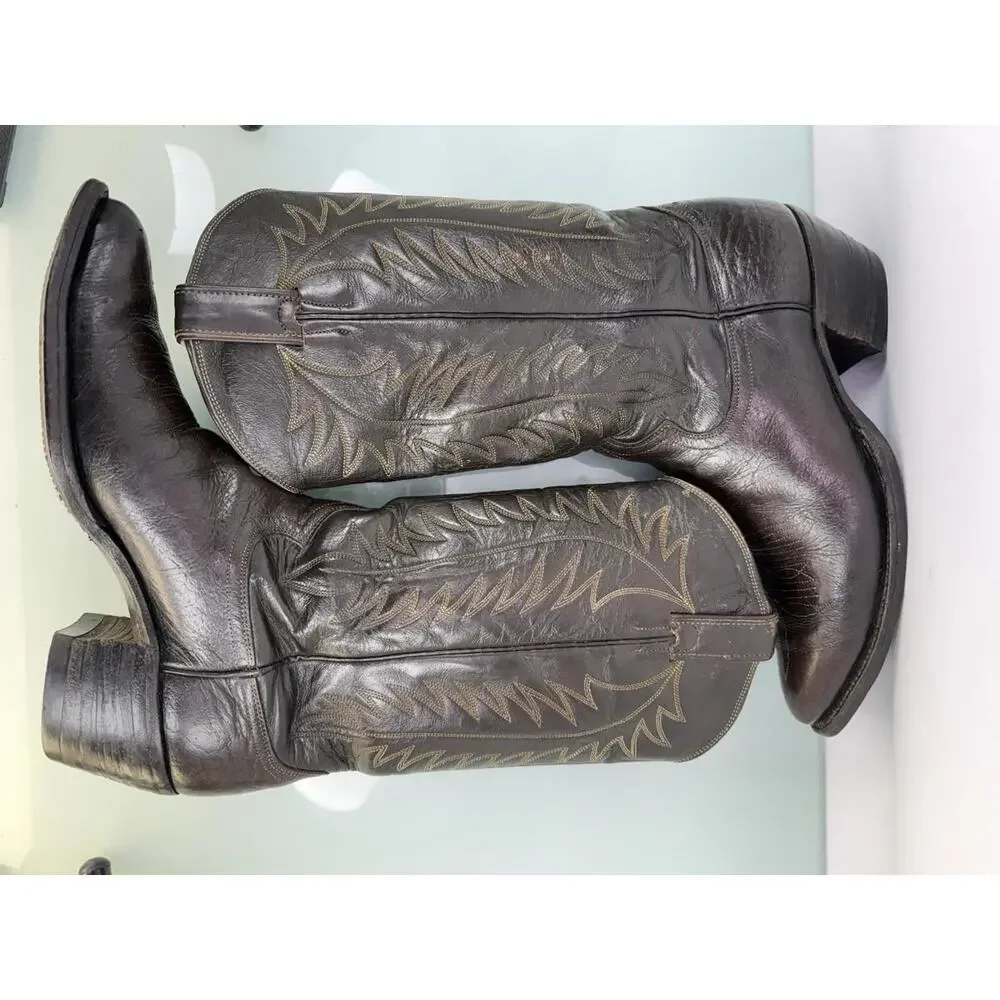 Justin True Vintage 70s White Label Fort Worth Cowboy Boots Brown Leather 9D USA